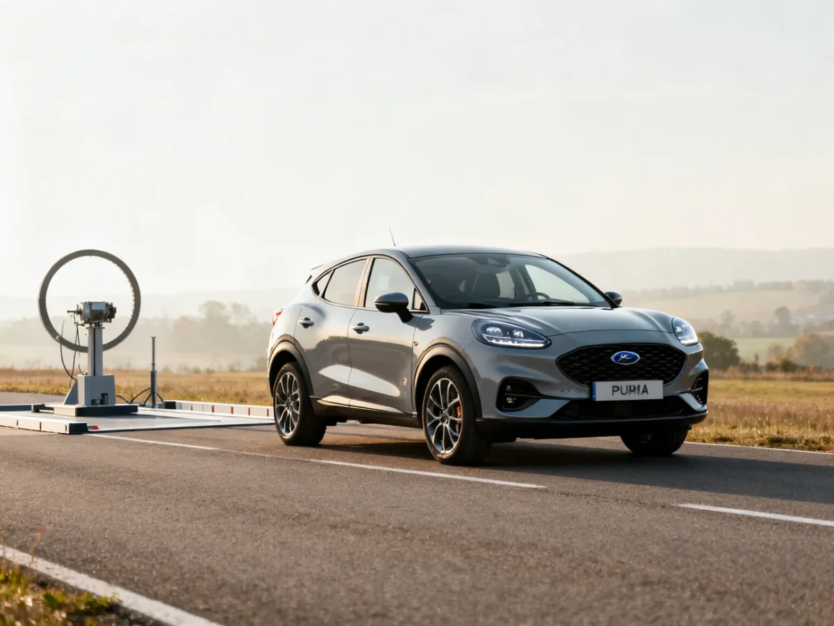 Nowoczesny Ford Puma zaparkowany na drodze, prezentujący sylwetkę kompaktowego crossovera w świetle dziennym.