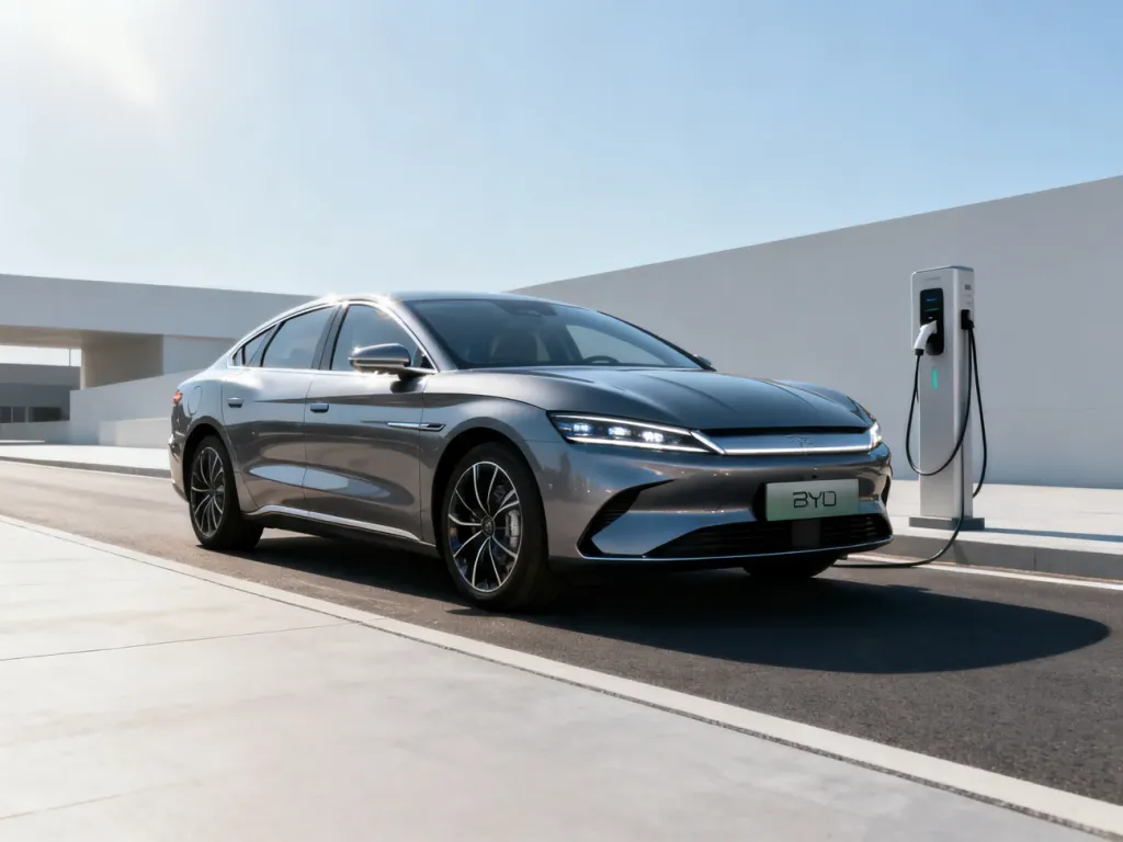 Elektryczny sedan BYD Seal zaparkowany przy stacji ładowania, prezentujący aerodynamiczną sylwetkę i nowoczesny design.
