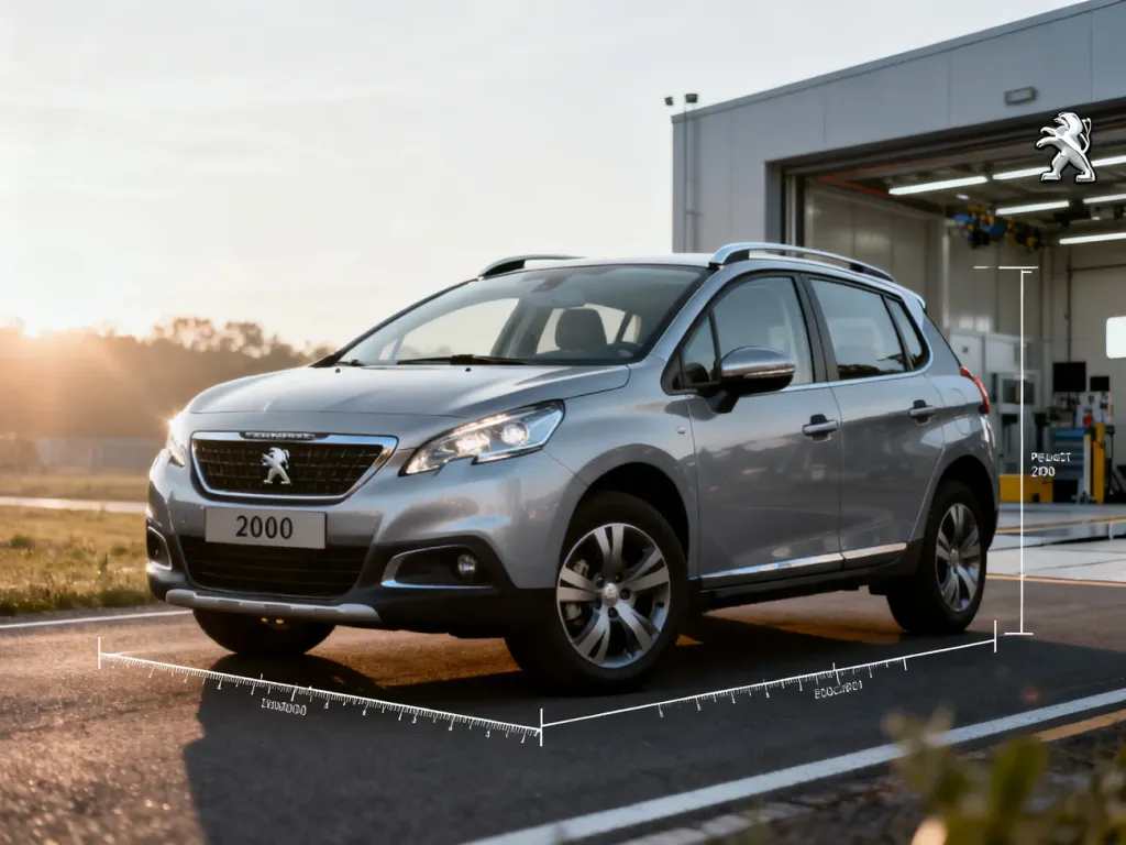 Srebrny Peugeot 2008 pierwszej generacji na tle nowoczesnego obiektu testowego z naniesionymi liniami wymiarowymi.