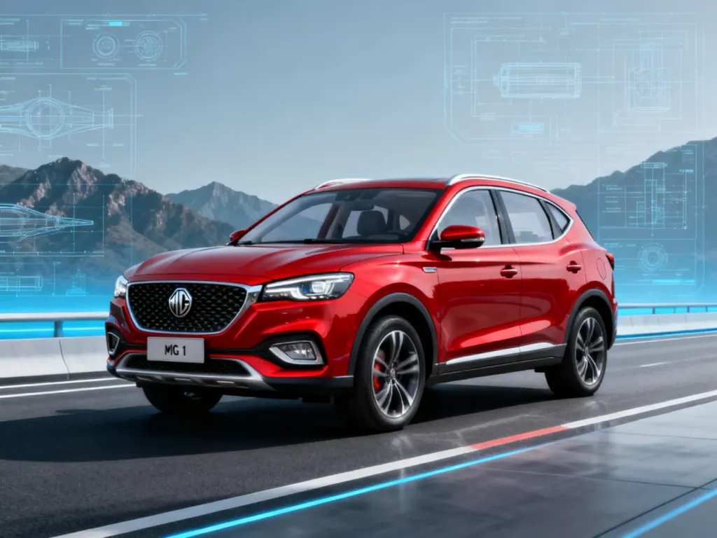 Czerwony SUV MG HS II na nowoczesnej drodze w otoczeniu górskiego krajobrazu i technicznych detali.