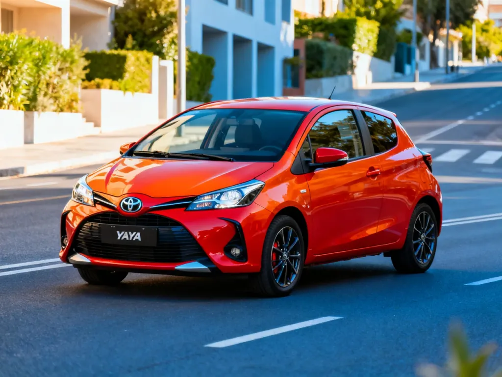 Czerwona Toyota Yaris III zaparkowana na miejskiej ulicy, widok z przodu pod kątem.