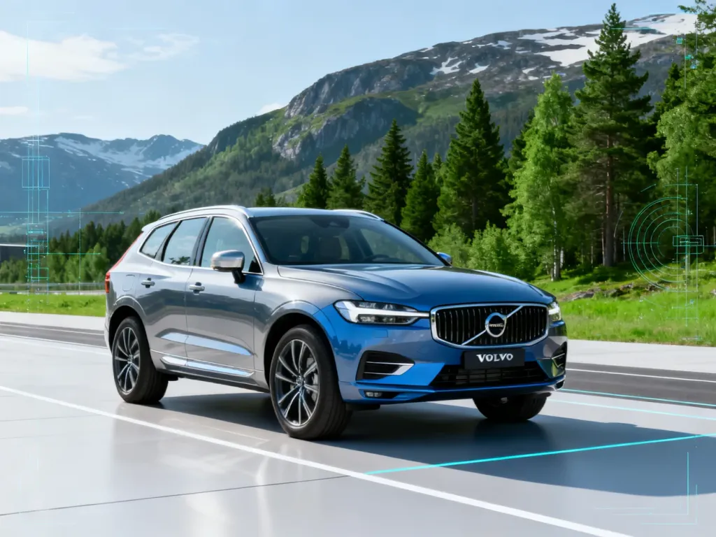 Volvo XC60 II zaparkowane na nowoczesnej drodze na tle skandynawskiego krajobrazu. Widok z przodu podkreślający design auta.