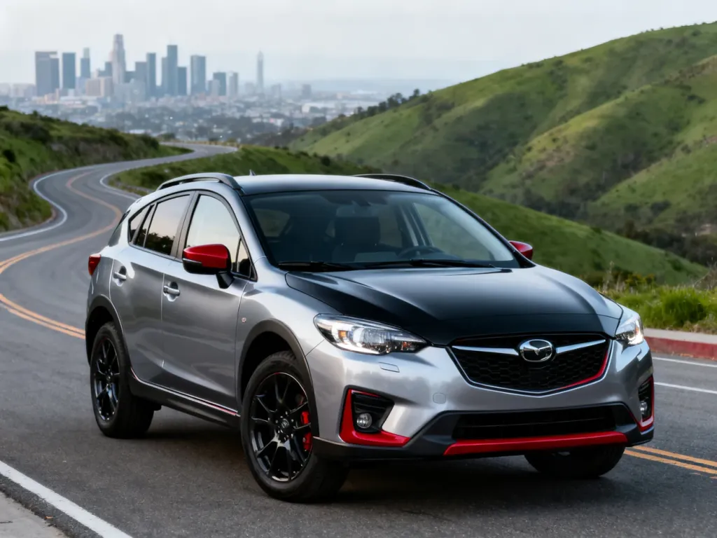 Srebrna Toyota C-HR pierwszej generacji zaparkowana na tle miejskiego krajobrazu i wzgórz, podkreślająca nowoczesny design.