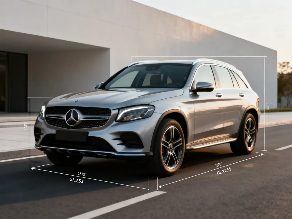 Srebrny Mercedes-Benz GLC X253 zaparkowany na tle nowoczesnej architektury, prezentujący proporcje i sylwetkę modelu SUV.